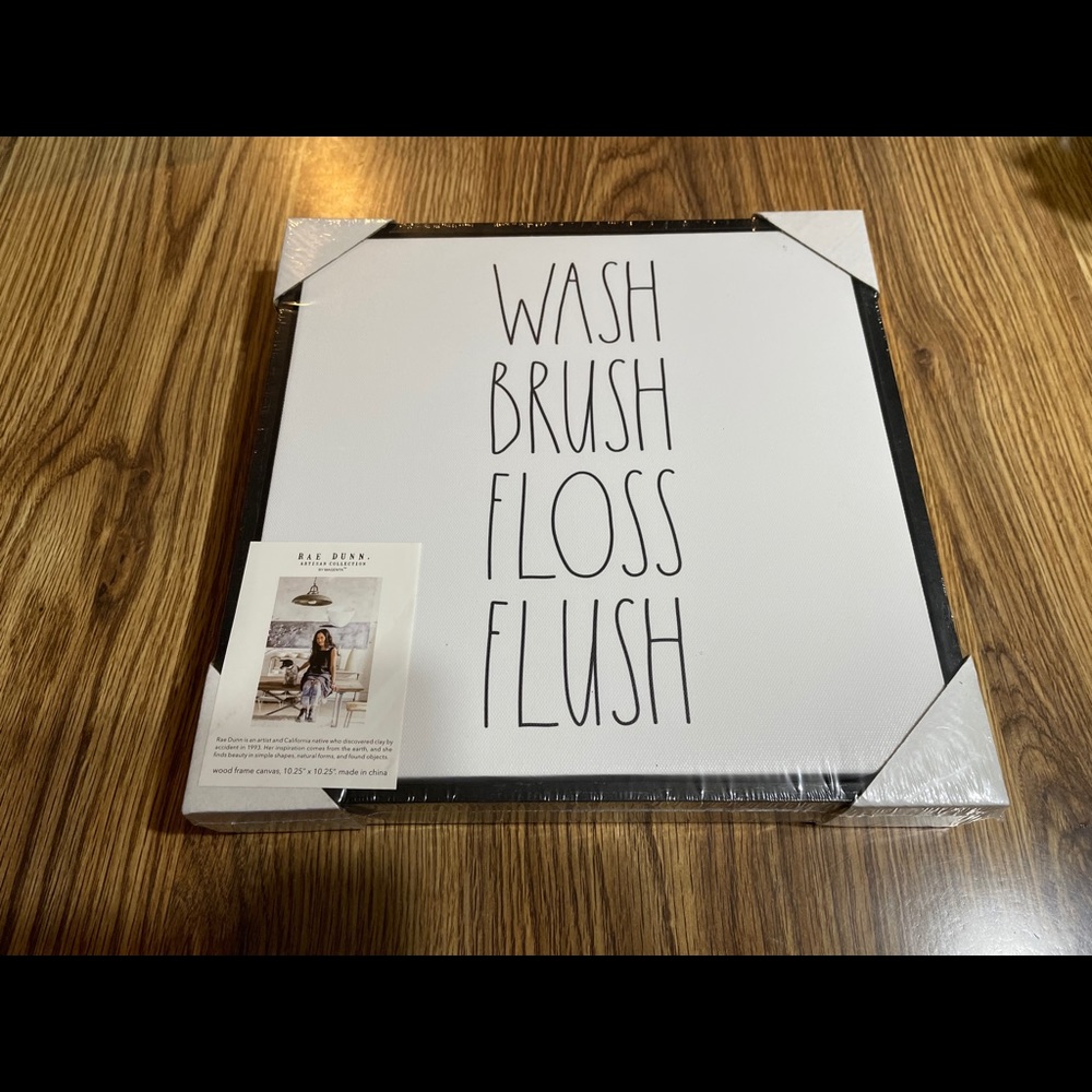 Rae Dunn WASH BRUSH FLOSS FLUSH Wood Frame Canvas